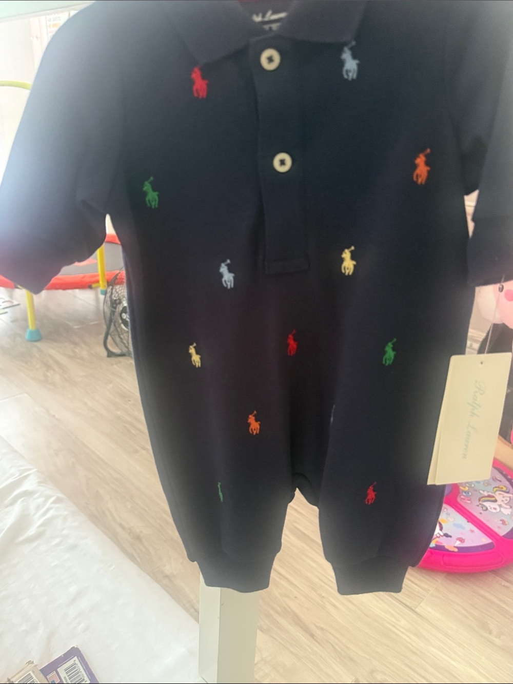 Ralph Lauren Navy Polo One-Piece with Multicolor Pony Embroidery